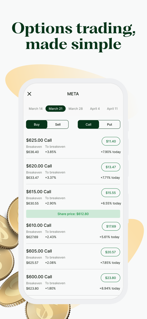 Sarwa: Invest, Trade & Save - Sarwa app interface showing a simplified options trading screen for Meta stock.