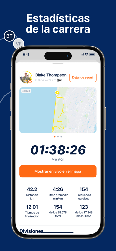 Marcate - Marcate app screen displaying marathon race statistics, live tracking map, and runner performance data