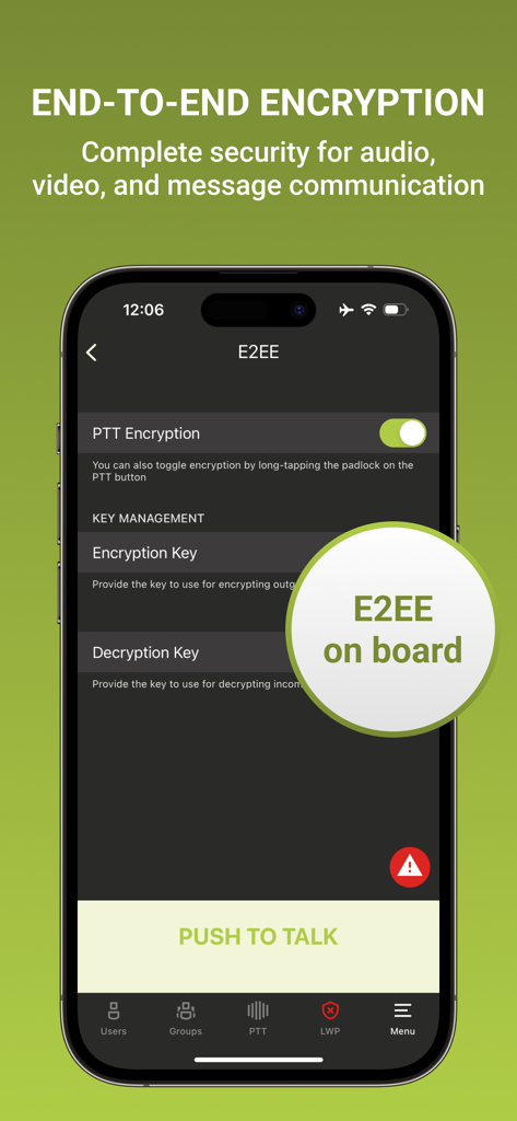 TASSTA T.Flex - TASSTA T.Flex app interface showing end to end encryption settings for secure push to talk communication