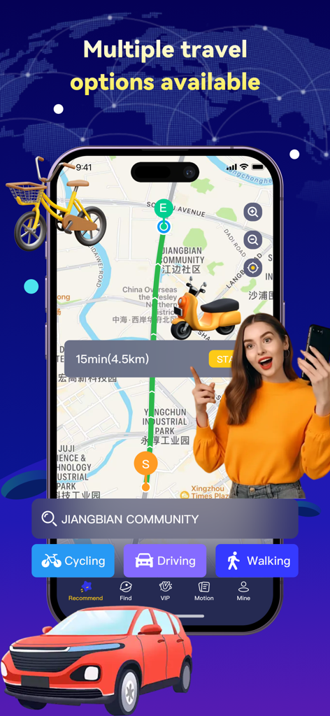 サイクリング、ドライビング、ウォーキングのナビゲーションオプションが表示された地図を示すAnyGoアプリインターフェース