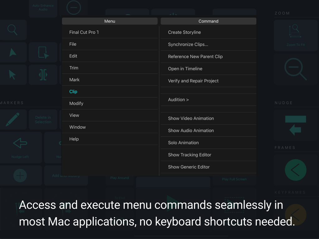 MetaGrid Pro - MetaGrid Pro interface showing menu command access for Final Cut Pro