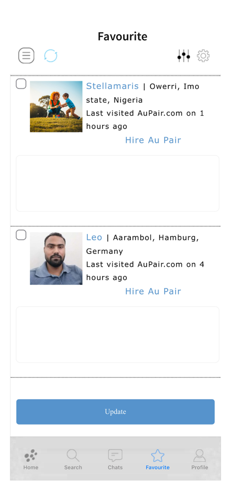 AuPair.com - Screen displaying a list of saved favorite au pair candidate profiles with photos and location details