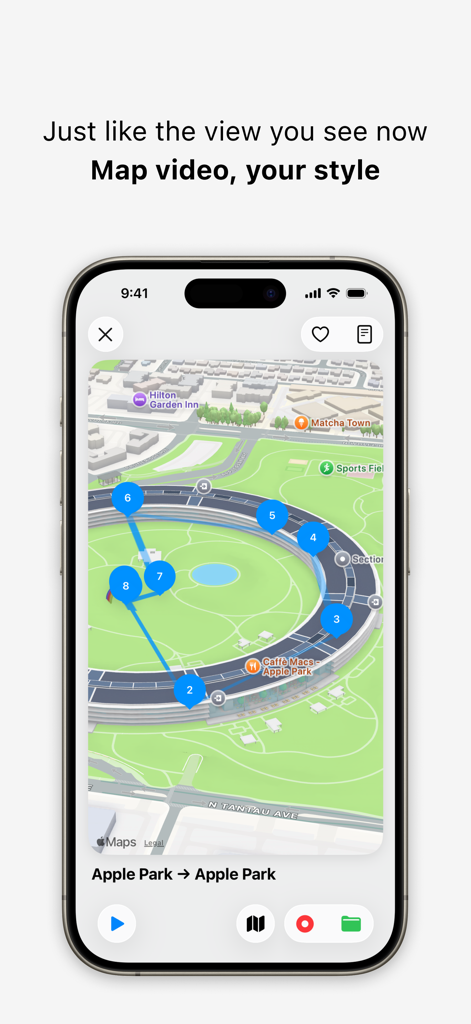 Skymera - 3D Map Studio - Skymera app interface showing a custom 3D map flyover route around Apple Park