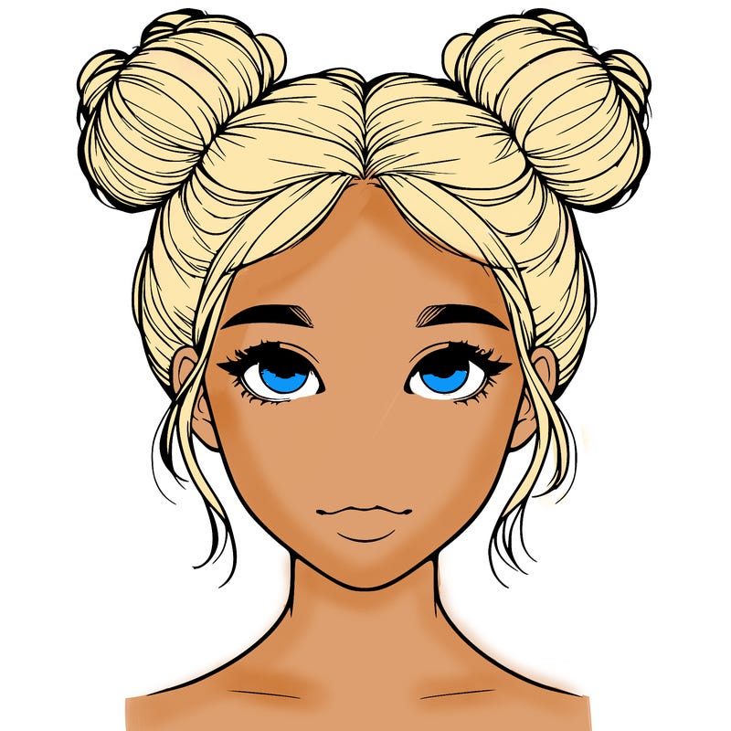 realistic girl with two buns on top of her head