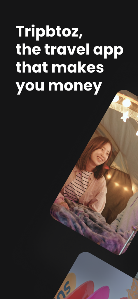 Promotional screen for Tripbtoz travel app with the slogan the travel app that makes you money and a visual of a traveler
