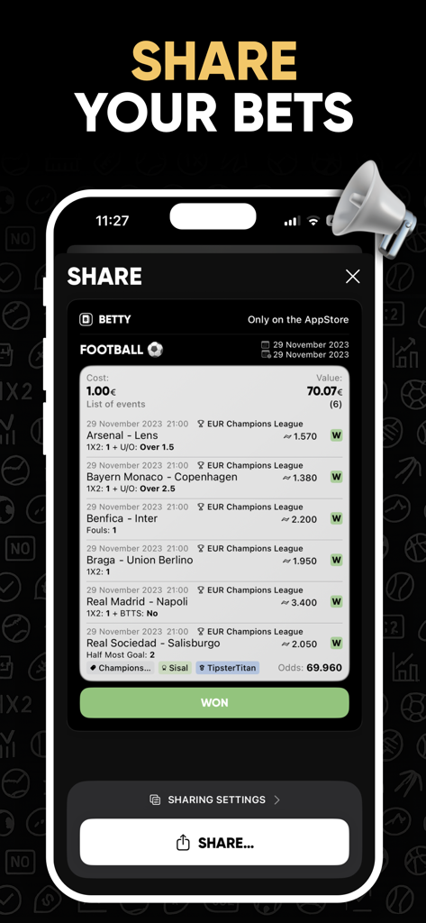 Una schedina vincente di scommessa calcistica sull'app Betty Sports Bet Tracker pronta per essere condivisa