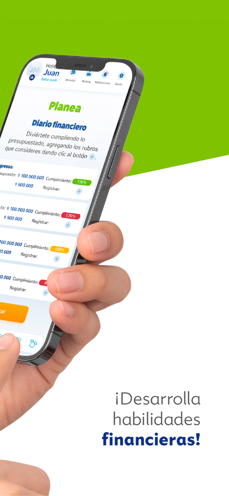 Aplicación Miga - A hand holding a smartphone displaying the financial planning and diary features of the Miga app.