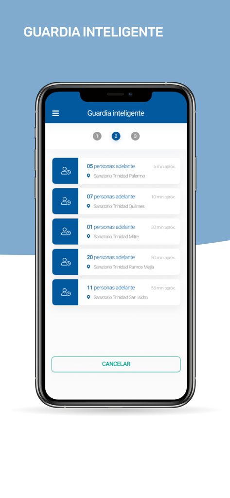 Écran de smartphone montrant la fonction intelligente de salle d'urgence de l'application Galeno avec les temps d'attente pour les centres médicaux