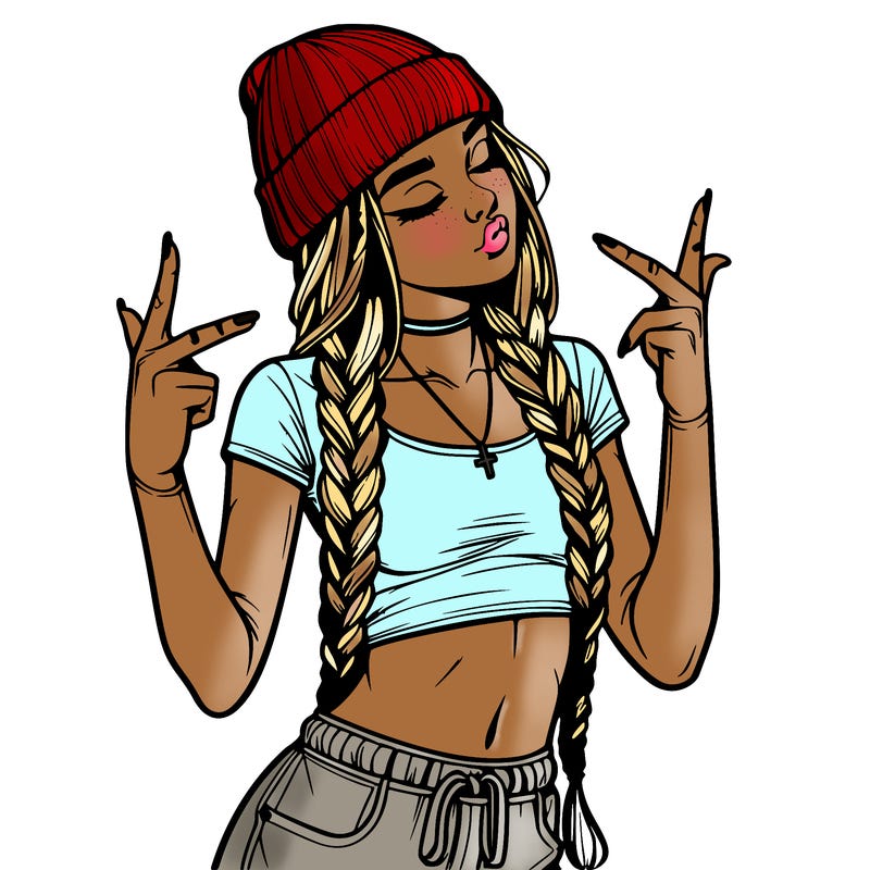 realistic teenage girl with braids and a beanie and crop top doing 🫶🏼