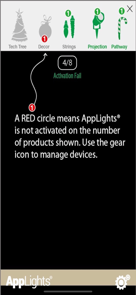 AppLights app tutorial screen explaining device activation status indicators