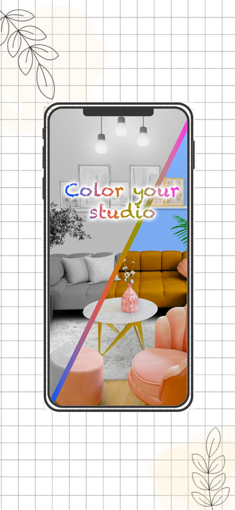 Una pantalla de smartphone que muestra la función de decoración de estudio con un efecto de pantalla dividida que transforma una habitación en escala de grises en un interior colorido.
