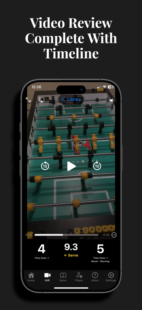iRefFoos - iRefFoos app Video Assistant Recording screen showing foosball match footage and timeline