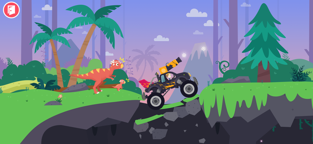 Dinosaur Games for kids 2-6 - Un monster truck franchissant un fossé dans un paysage jurassique avec des dinosaures