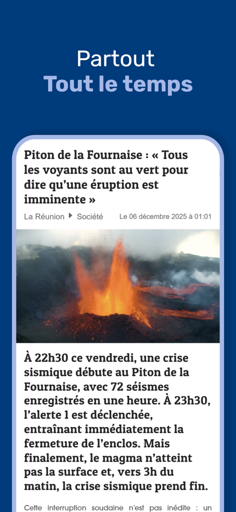 Un artículo de noticias en la aplicación Linfo sobre una erupción en el volcán Piton de la Fournaise en La Reunión