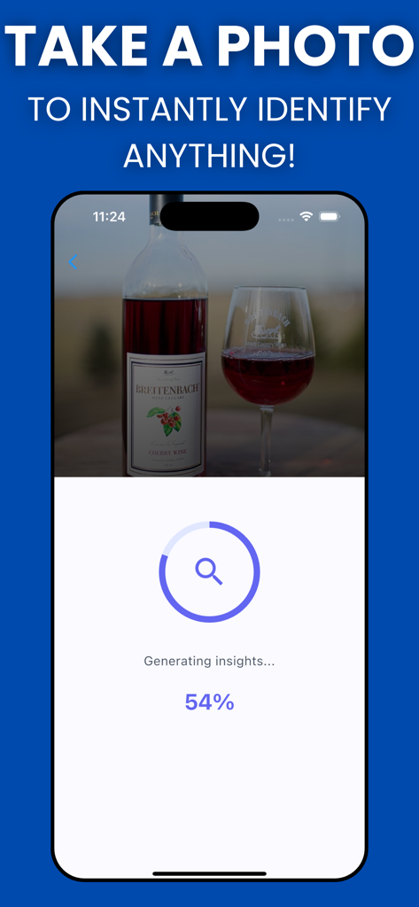 Identify Anything: AI Scan - A smartphone screen showing the Identify Anything AI Scan app processing a photo of a wine bottle to provide instant identification and insights.