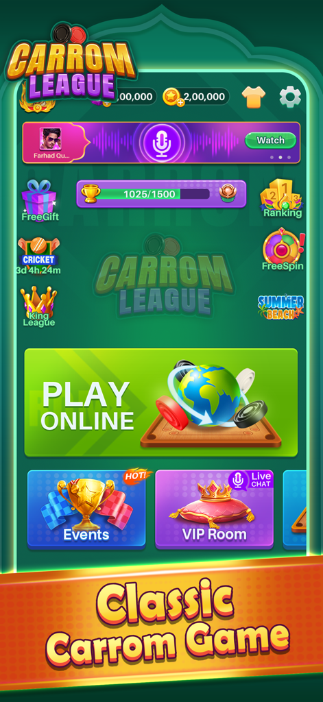 Main menu of the Carrom League mobile app showing play online button and game modes