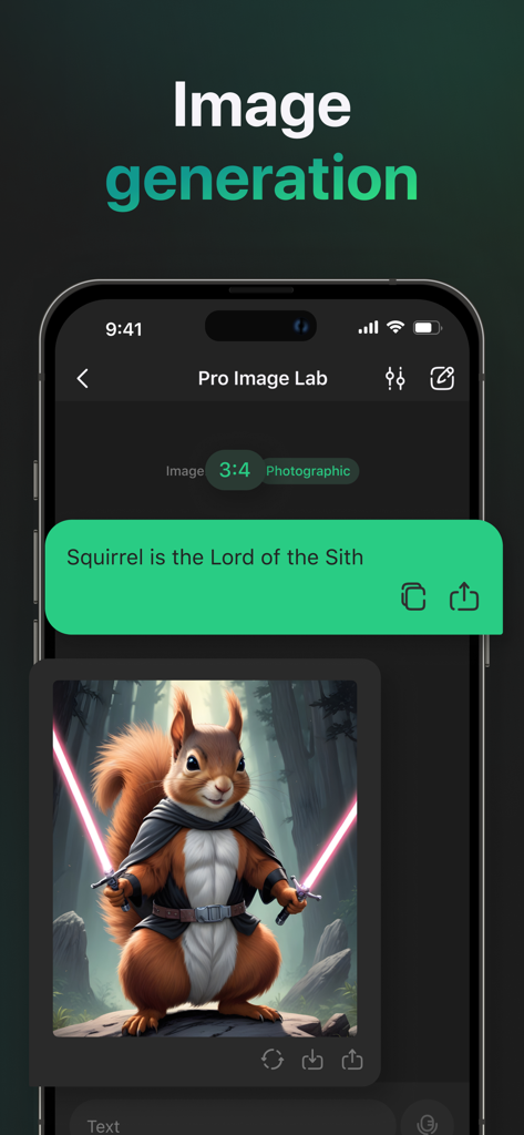 AI Master: Smart Assistant - AI Masterアプリのスクリーンショット。シスの騎士の衣装を着たリスの画像生成機能を表示。