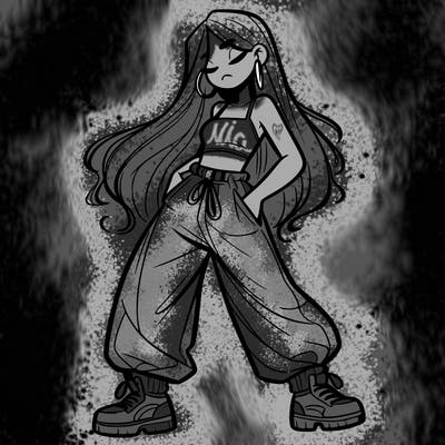 girl in baggy pants crop top and long hair