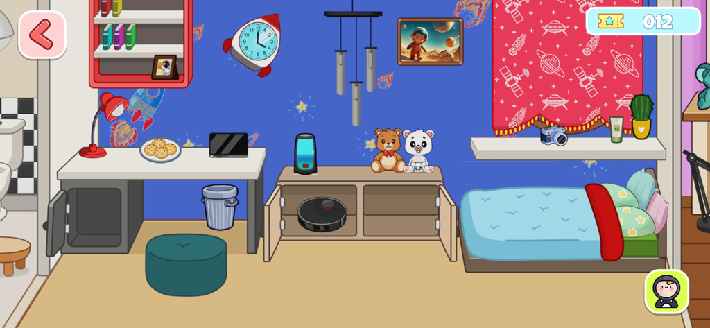Lifora Life: My Ava World - A creative space-themed bedroom design in Lifora Life with rocket wallpaper, a blue bed, and a robot vacuum.