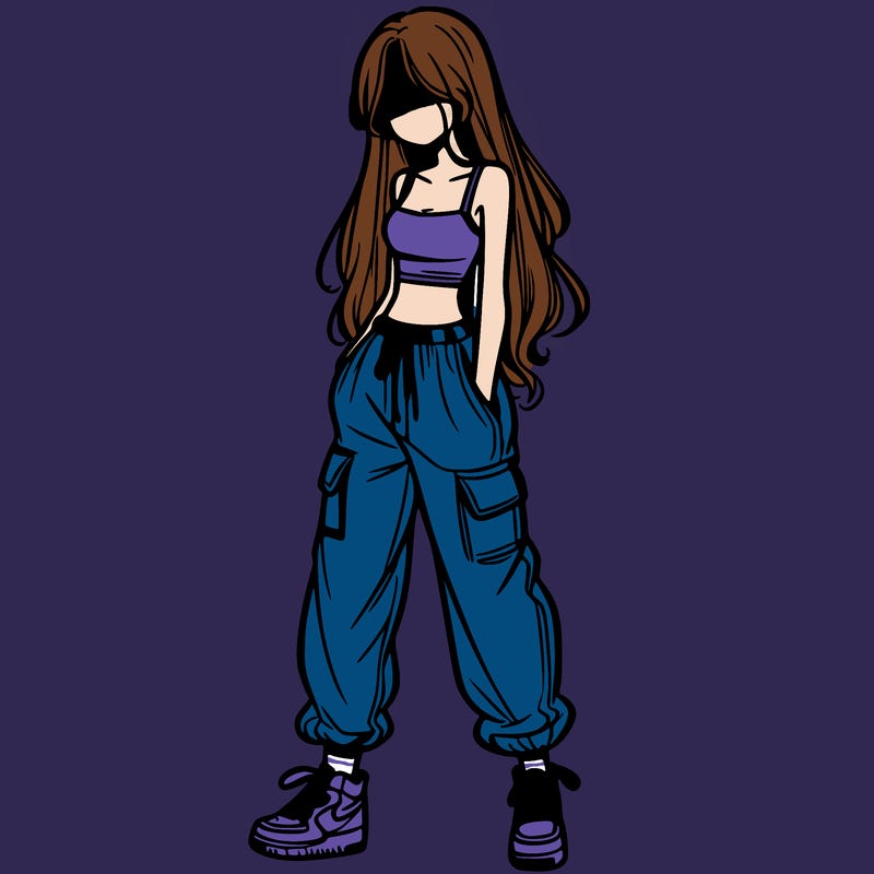 girl in baggy pants crop top and long hair
