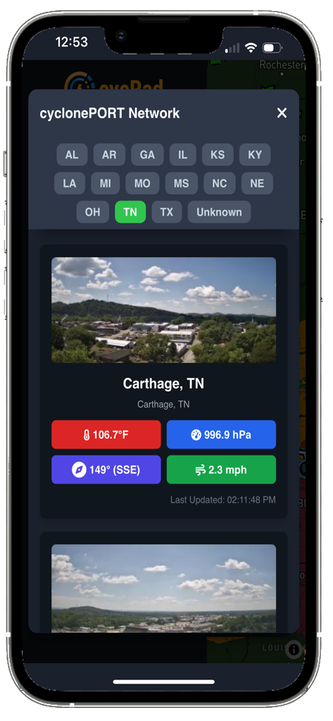 cycRad - cycRad app interface showing the cyclonePORT network with a live camera feed and real-time weather data for Carthage Tennessee