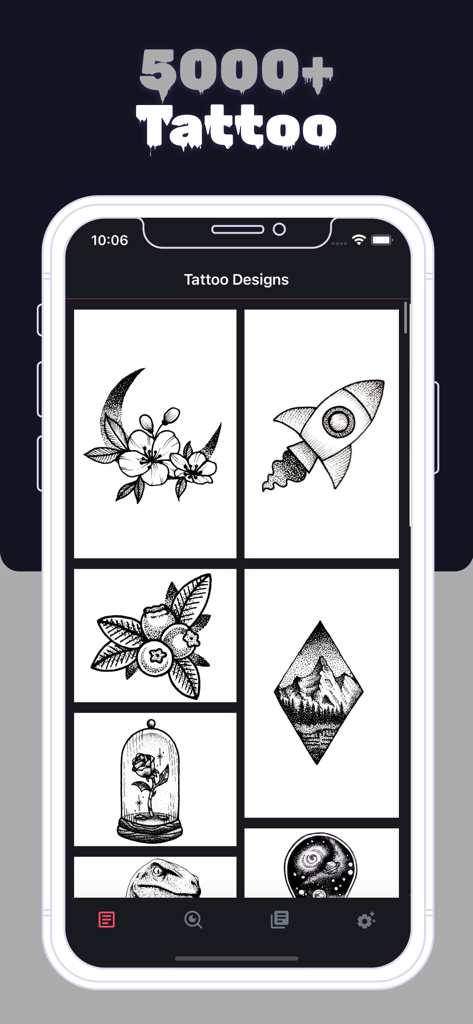 花、ロケット、山を含む白黒のタトゥーデザインのギャラリーを表示するモバイルアプリのインターフェース