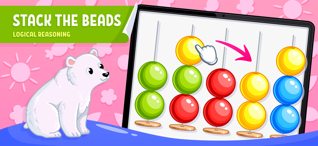 Brainy Kids app logical reasoning game showing colorful beads being stacked on rods