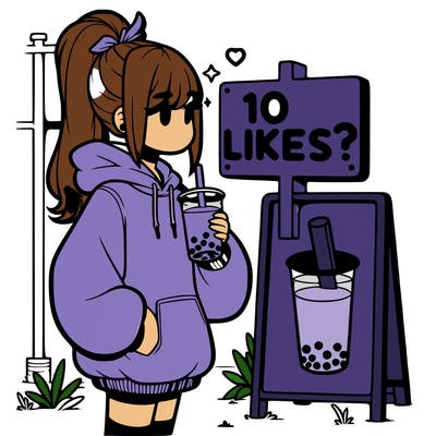 girl with oversized hoodie drinking boba and she has a high ponytail with a sign that says 10likes?