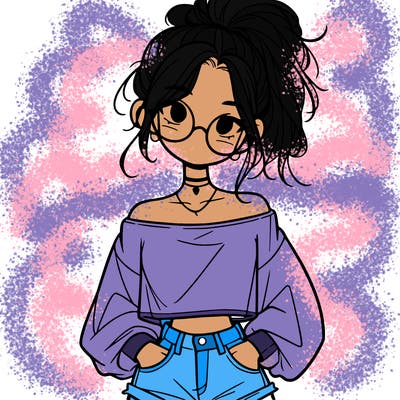 girl with a messy ponytail glasses a baggy crop top and jean shorts