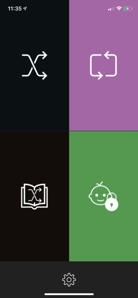 What's Playing - A four-tile grid menu in the What's Playing app featuring large icons for shuffle, repeat, and a child lock mode.