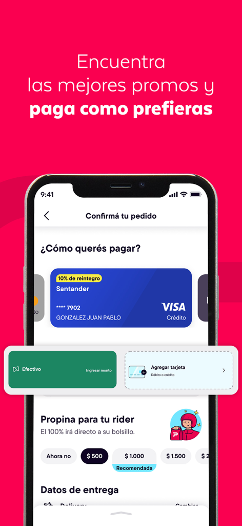 PedidosYa - Food Delivery - Pantalla de confirmación de pedido en la app PedidosYa que muestra métodos de pago y opciones de propina