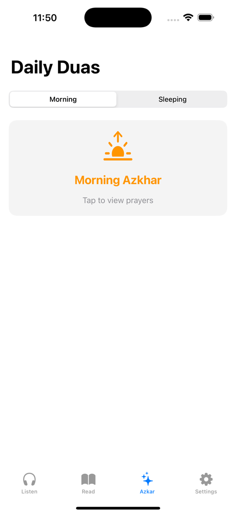 Sheikh Quran Full Recitation - Interface do aplicativo Sheikh Quran mostrando a seção de Duas Diários com opções de Azhkar da Manhã.