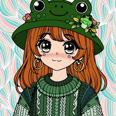 realistic girl wearing frog sweater and a frog hat with frog earrings