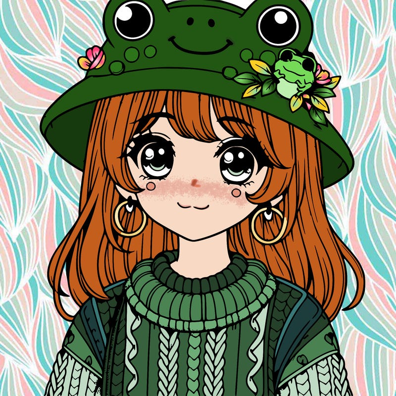 realistic girl wearing frog sweater and a frog hat with frog earrings