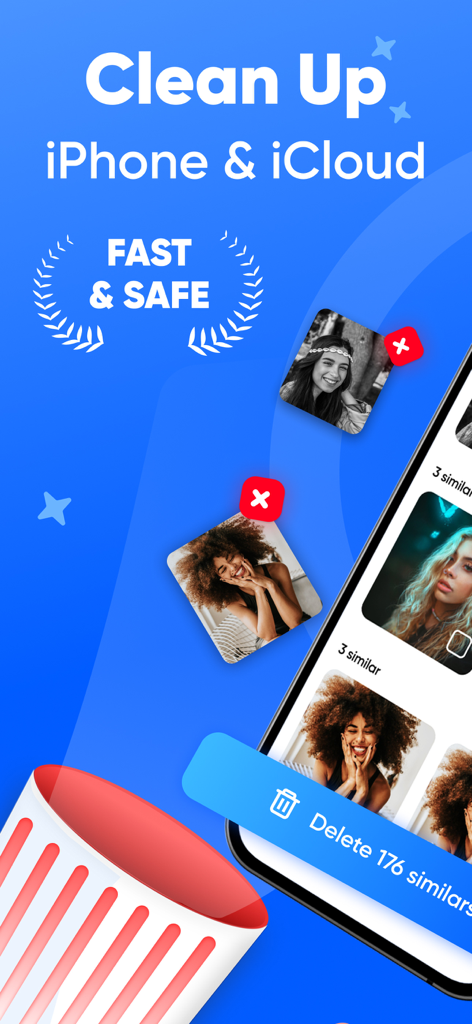 Cleaner Ultra: Clean Storage - Cleaner Ultra app interface showing how to clean up iPhone and iCloud storage by deleting similar photos with one click