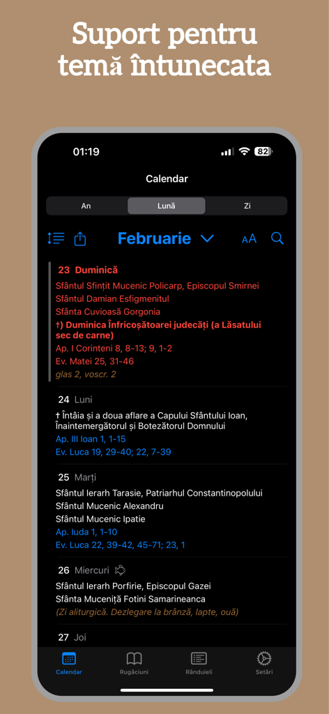 Calendar Ortodox 2026 - Interface de l'application Calendrier Orthodoxe Roumain 2026 avec prise en charge du mode sombre