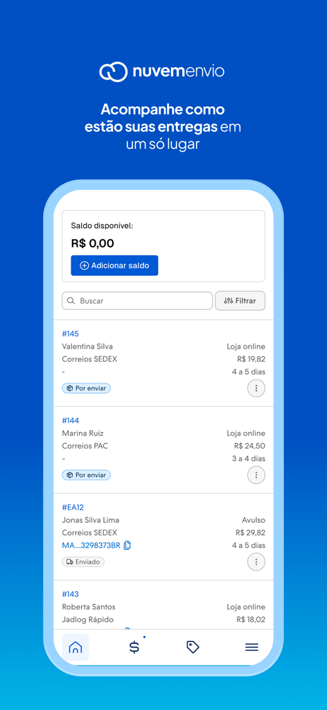 Mobile interface of Nuvemshop showing order tracking and shipment status for an e-commerce business