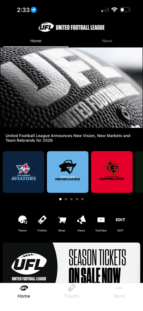 Home interface of the United Football League app featuring news updates team logos and ticket information