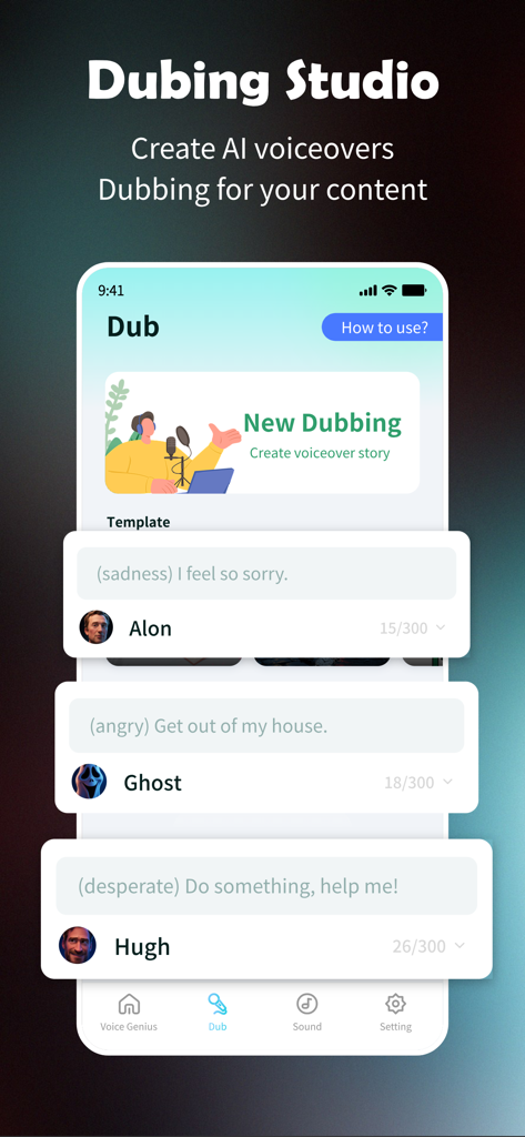 Voice Genius - AI Parody - Voice Genius app interface showing the AI dubbing studio with character voice options and emotional speech presets