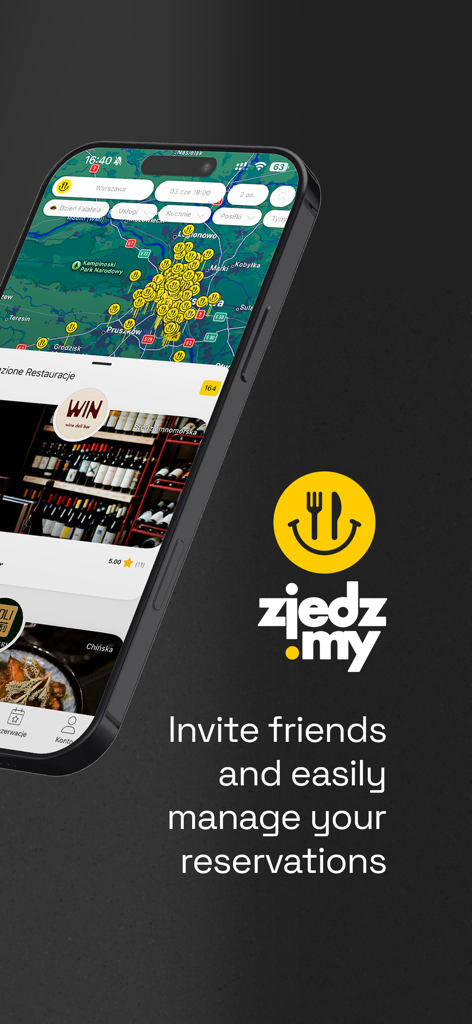 Zjedz.my: Restaurant bookings - Smartphone displaying the Zjedz.my app with a restaurant discovery map and reservation management text