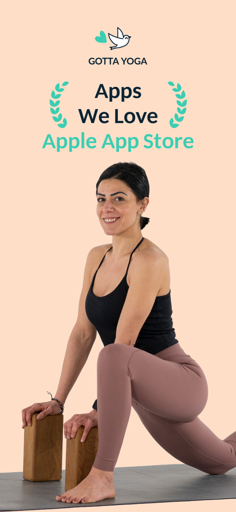 Yoga & Meditation | Gotta Yoga - A woman practicing a low lunge yoga pose with blocks featured as an Apple App Store Apps We Love selection.
