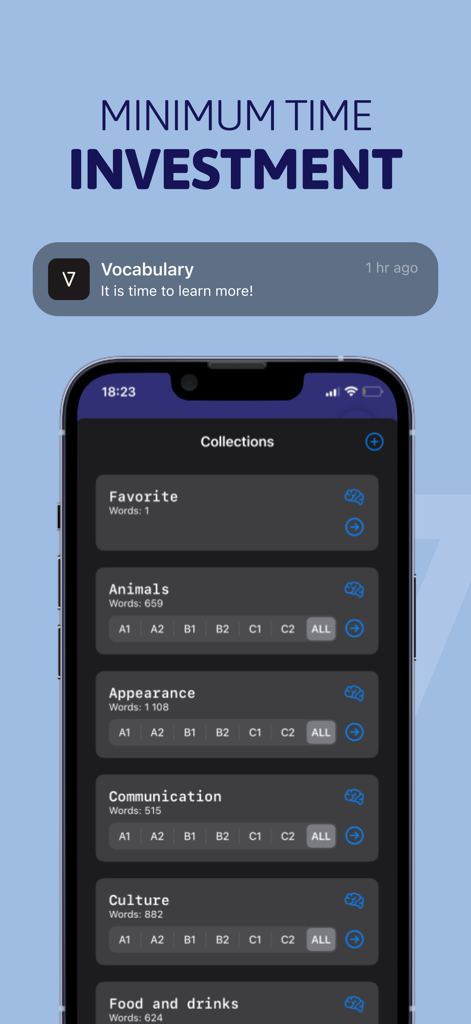Learn English - Vocabulary - A mobile app interface displaying word collections for learning English by categories like Animals and Culture with proficiency levels from A1 to C2.