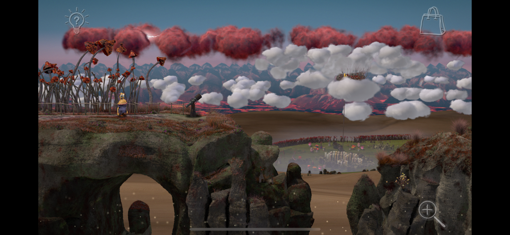 Avolteha View - A character standing on a cliff overlooking a surreal alien landscape with mushrooms and clouds in Avolteha View