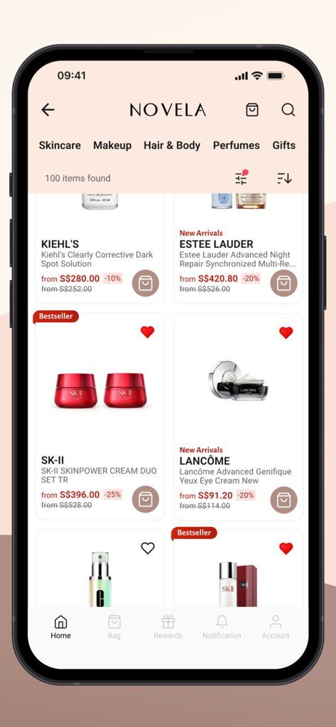 Novela – Shop Beauty & Makeup - Écran de la catégorie soins de la peau de l'application Novela affichant des marques de beauté de luxe et des produits à prix réduit