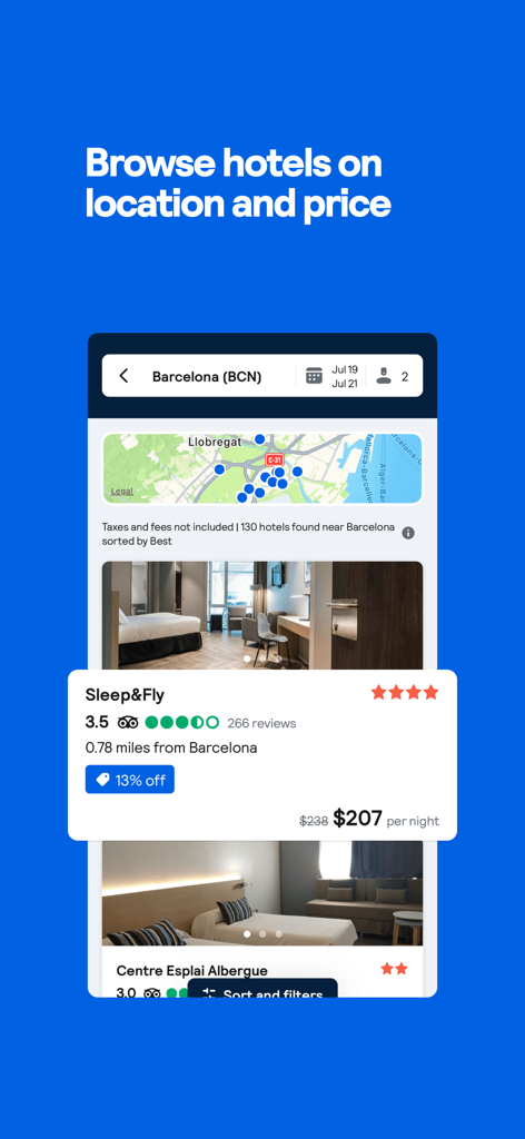 Skyscanner app hotel search showing a map and discounted nightly rates in Barcelona