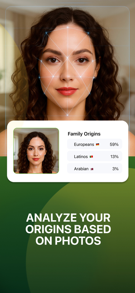 Facial recognition feature analyzing family origins from a photo