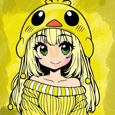 anime girl with chick shaped hat with sweater with bare shoulders with bangs covering them one eye with low tail