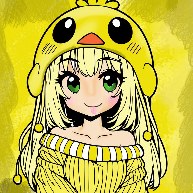 anime girl with chick shaped hat with sweater with bare shoulders with bangs covering them one eye with low tail