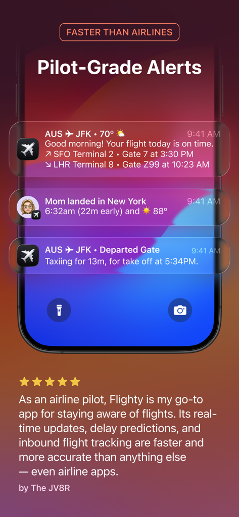 Flighty – Live Flight Tracker - Pantalla de smartphone que muestra notificaciones de estado de vuelo en vivo y un testimonio de usuario.