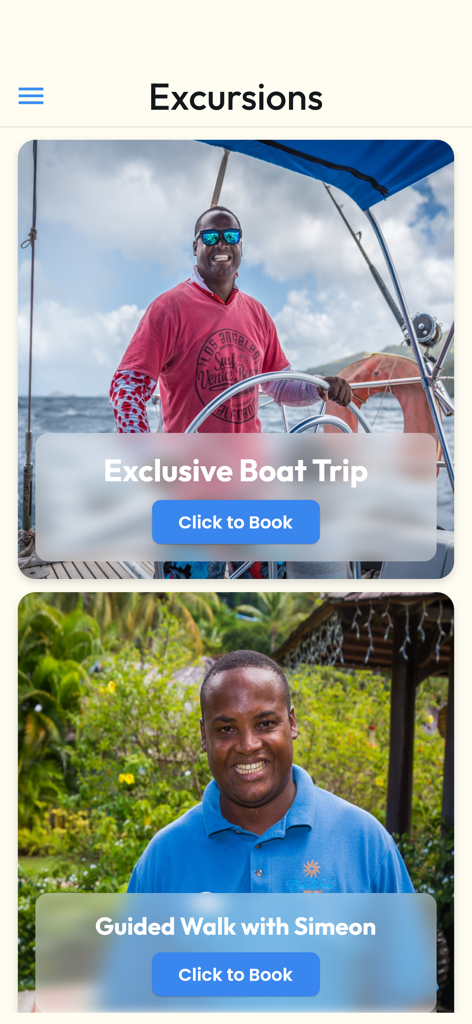 East Winds 앱의 엑스커전 예약 화면으로, 특별 보트 여행과 가이드 워킹 옵션을 보여줍니다.